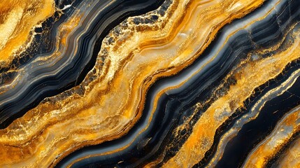 Leinwandbilder - Mesmerizing Swirling Patterns in Vibrant Shades of Gold Black and White   Stunning abstract background with banded wavy and layered textures resembling natural geological formations like agate quartz