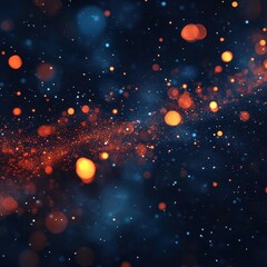 Aufkleber - Abstract background of glowing particles and lights in dark blue, orange, and red colors. Big data visualization with digital waves and a bokeh effect. Dark abstract wallpaper.