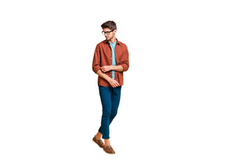 Fototapete - Full length body size view of his he nice attractive fashionable content brunet guy partner hipster walking fixing sleeve isolated over beige color pastel background