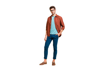 Fototapete - Full length body size view of his he nice attractive fashionable content brunette guy partner cool expert company director owner isolated over beige color pastel background