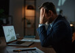 © Running opossum - Stressed businessman covering face with hand while working late at night in office on laptop showing declining graph, experiencing financial loss and anxiety