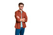 © deagreez - Portrait of his he nice attractive content successful cheerful cheery brown-haired guy professional finance expert shark folded arms isolated over beige color pastel background
