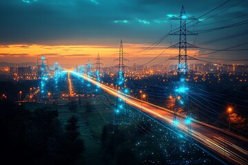 Wall Mural - Landscape with power lines at sunrise
