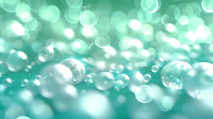 Wall Mural - Abstract background of light-blue bubbles with a soft-focus, light green background.