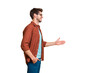 © deagreez - Profile side view portrait of his he nice attractive cheerful cheery successful content brown-haired guy professional shark giving hand shake isolated over beige color pastel background