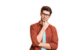© deagreez - Close-up portrait of his he nice attractive serious focused minded brown-haired guy experienced professional financier economist thinking touching chin isolated over beige color pastel background