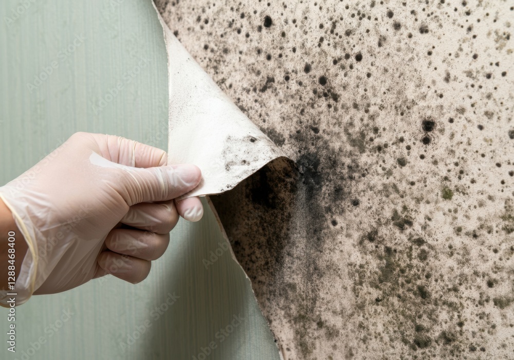 Moldy Hand Gloved hand peeling off moldy wallpaper, revealing toxic black mold ...