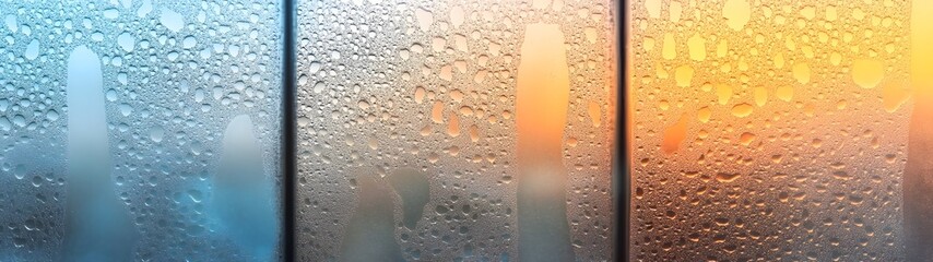Aufkleber - Radiant glass window with delicate water droplets capturing the warm ethereal glow of soft sunlight  A serene atmospheric scene with a minimalist elegant aesthetic