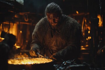 Aufkleber - Man forging metal in a dimly lit workshop surrounded by warm flames