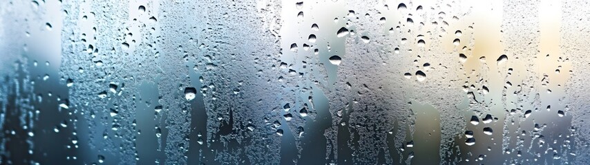 Fototapete - Rainy Day Melancholy Drops of water cling to a window pane refracting and reflecting the blurred silhouettes of skyscrapers and high rises in the gloomy atmospheric city landscape outside