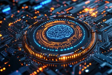 Aufkleber - Artificial intelligence brain glowing on motherboard circuit: futuristic technology