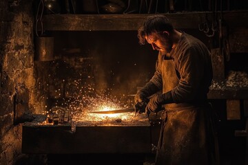 Aufkleber - Blacksmith shaping metal in a traditional workshop during the evening hours
