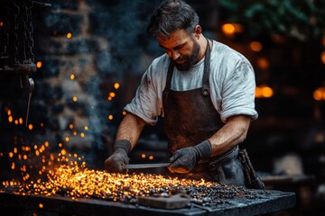 Aufkleber - Blacksmith working meticulously at an anvil in a rustic forge during twilight, shaping glowing metal with precision