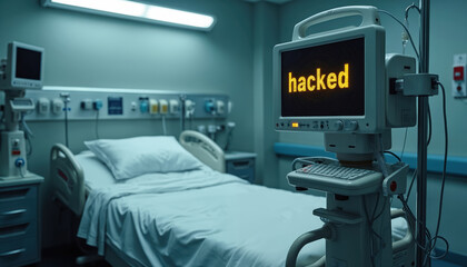 Poster - Empty hospital room with patient monitor displays HACKED warning, illustrating cyber security risks in healthcare. Medical devices surrounds patient bed. Digital threat of information vulnerability