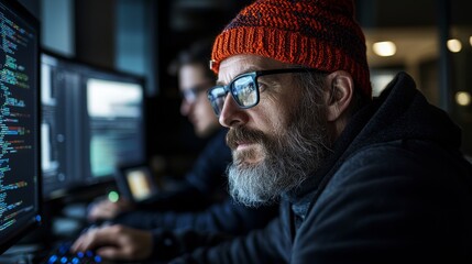 In a data center system control room, a skilled male IT programmer works on a desktop with a green mock-up screen, while a team of young professionals develop complex code