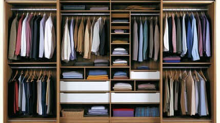 organized walk-in closet, clothes neatly stored, wood shelves, home interior, storage solutions