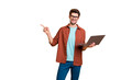 © deagreez - Portrait of his he nice attractive cheerful cheery successful brunet guy holding in hands laptop pointing forefinger follow subscribe ad advert solution isolated over beige color pastel background