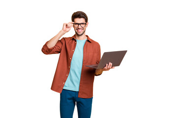 Fototapete - Portrait of his he nice attractive cheerful cheery successful content brunet guy holding in hands laptop working part-time home-based isolated over beige color pastel background