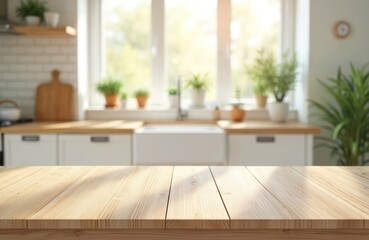 Aufkleber - Empty wooden table top stands blurred modern kitchen. Countertop surface against window with bright sunlight. Interior design background for product display, promote food home decor. Cozy room style.