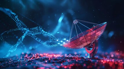 Wall Mural - a satellite dish sits on a field of red and blue light, under a starry sky with glowing lines and or