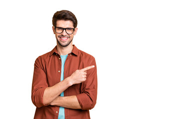 Fototapete - Close-up portrait of his he nice attractive cheerful cheery glad successful content brunet guy pointing forefinger aside advice advert solution isolated over beige color pastel background