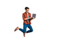 © deagreez - Full length body size view of his he nice attractive cheerful cheery successful brunet guy jumping in air using laptop home-based job isolated over beige color pastel background