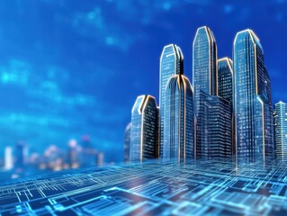 Poster - Futuristic cityscape with digital blueprints overlay