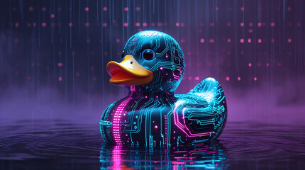 A Classic Rubber Duck Transformed into a Cyberpunk Masterpiece, Glowing with Electric Blue and Hot Pink Circuit Patterns in a Misty, Tech-Noir Atmosphere