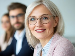 Poster - Group of business people with young adults and senior woman colleague on meeting at modern bright office interior
