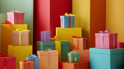 Canvas Print - colorful gift boxes with ribbons stacked on colorful platforms.