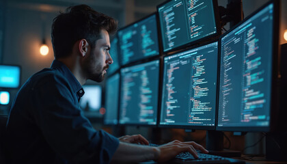 Leinwandbilder - Software developer codes on multiple monitors in dark office. Programmer works on desktop computer, types on keyboard. engineer writes program, algorithm. Cybersecurity specialist protect data, cloud