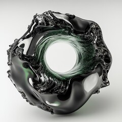 3d render of an abstract black and silver and green detailed round liquid shape 