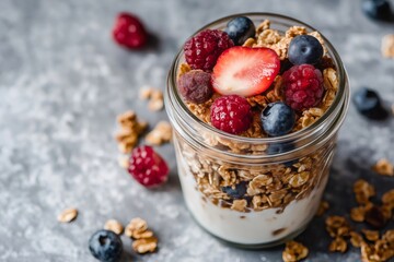 Wall Mural - Glass jar filled with yogurt, homemade granola, raspberries, blueberries and sliced strawberries, composing a healthy and delicious breakfast or snack