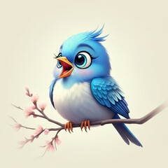 A lovely animated bluebird with big eyes and long eyelashes sits on a fragile branch and sings with its beak open