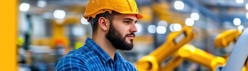 Fototapete - industry 40, Factory Industrial Engineer working with automation robot arms machine in intelligent factory, generative ai