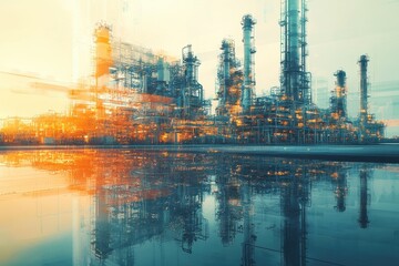 Wall Mural - futuristic industrial landscape with reflections of a modern factory at sunset in a digital art styl