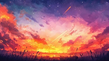 Wall Mural - abstract watercolor background sunset sky orange purple