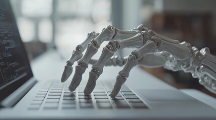 Skeletal hand coding on laptop, cafe background