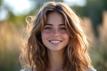 Wall Mural - Portrait of smiling freckled girl with long brown hair outdoors