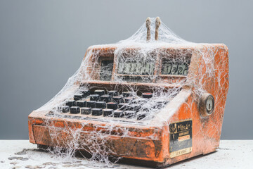 An old, dusty cash register covered in cobwebs, symbolizing neglect and the passage of time in a forgotten era.