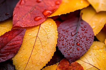 Poster - Vibrant autumn leaves covered in sparkling water droplets