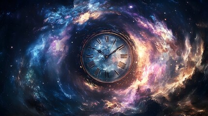 Aufkleber - Surreal and captivating digital artwork depicting a cosmic clock explosion within a mesmerizing multicolored nebula universe  The image evokes a sense of mysticism power