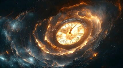 Fototapete - Swirling cosmic clock burst of fiery light and energy in a dramatic turbulent galactic nebula landscape  Surreal abstract