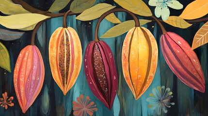 Aufkleber - Vibrant and Colorful Tropical Fruit Pods Hanging Amidst a Lush Verdant Foliage Backdrop in this Captivating Botanical Artwork
