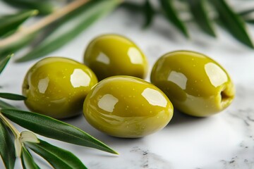 Wall Mural - Fresh green olives and olive branch resting on marble surface