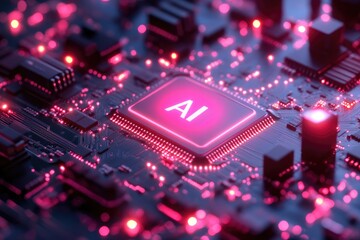 Poster - Artificial intelligence chip glowing on motherboard, futuristic technology