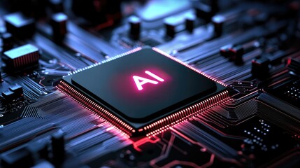 Poster - Artificial intelligence chip glowing on circuit board, futuristic technology