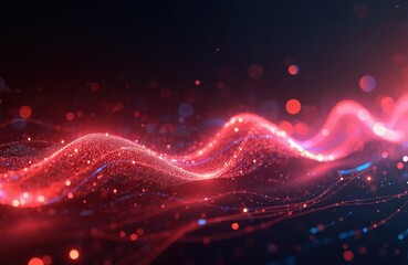 Poster - Abstract futuristic wallpaper with red neon glowing moving wave lines. Bokeh lights for data transfer concept. Fantastic modern design, high tech innovation, glowing shimmering luxurious creative art.