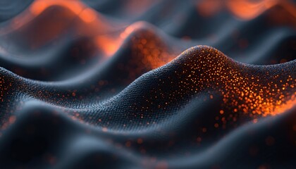 Leinwandbilder - Illustration of wavy dark material with orange glowing dots. Abstract 3D rendering resembling carbon fiber texture with depth. Modern tech style, graphic design wallpaper, futuristic background.