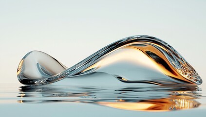 A 3D rendering of an abstract background set amidst a natural landscape, featuring transparent and glossy glass flowing on water, with a holographic curved wave in motion, serving as an iridescent